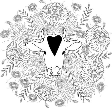 Chinese Happy new year. Year of the bull. Black and white Greeting card, poster, emblem with flowersのイラスト素材
