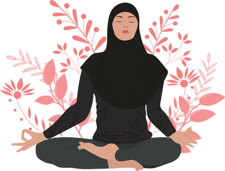 A girl in a hijab is engaged in yoga. Muslim woman sits in lotus on the floral backgroundのイラスト素材