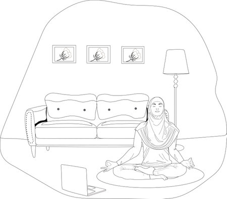 Girl in hijab doing yoga asana. Relaxation, meditation. Coloring book page with interior elements and woman. Isolated line art for adults. Woman sitting in lotus pose at home.のイラスト素材
