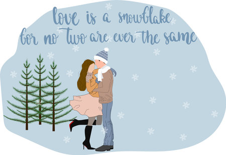 Loving couple in the forest. The guy and the girl hugging in snowy weather. Quote "Love is a snowflake for no two are ever the same". Greeting card.のイラスト素材