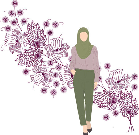 Woman in headscarf and office clothes on the flowers background. Hijab fashion illustration. Emirati Women's day, hijab day, greeting card, poster.のイラスト素材