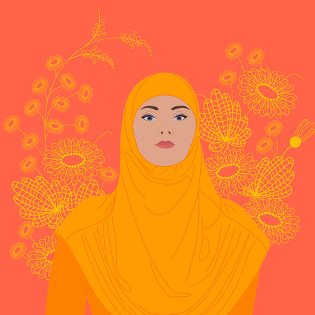 Beautiful muslim woman on the bright flowers background. World hijab day, womens day card.のイラスト素材