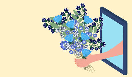 Online Shopping. Buy flowers on mobile app using phone. Celebrate Valentine Day, Birthday Holiday. Delivery bouquet of flowers online order from smartphone. Internet Digital Post Flat vectorのイラスト素材