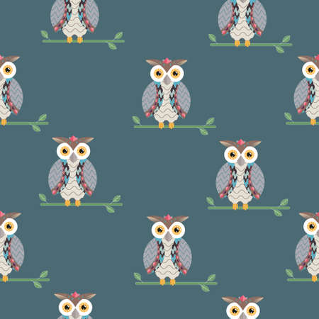 Kids seamless pattern with gray owls on the branches. Creative vector childish background for fabric, textile or wrapping paper.のイラスト素材