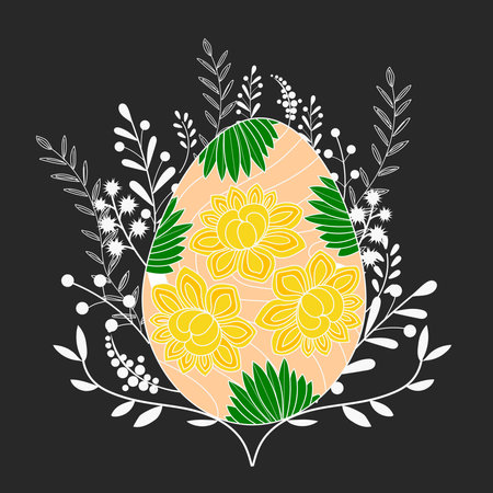 Bright Easter egg with floral decoration on the dark background with white branches.のイラスト素材