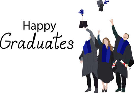 A group of happy graduates in an academic gown and a graduation cap. Boys and girls celebrate their university graduation. Flat cartoon vector illustration.のイラスト素材
