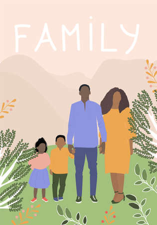 Happy Family Day on nature. Mother, Father and Children Walking in Park. Beautiful afro american family. Vector Flat illustrationのイラスト素材