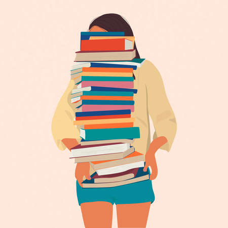 The girl is holding a huge stack of books. Bibliopole and bibliomania. A type of mania.のイラスト素材