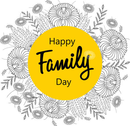 Happy family day greeting card. Abstract linear flowers wreath and text on a yellow circle.のイラスト素材