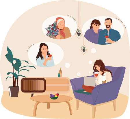 A lonely girl sits in a chair and communicates with relatives. Videoconference of a woman with her parents and sister. Online celebration of family day.のイラスト素材