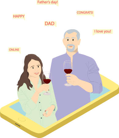 Daughter and father celebrate father's day online by communicating through messages. Poster, banner, greeting card.のイラスト素材