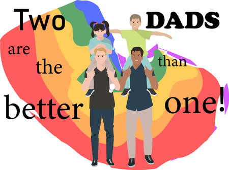 Young gay fathers with son and daughter on the rainbow background. Two dads are the better than one. Greeting card for birthday, father's day, family day.Vector illustration in a flat styleのイラスト素材