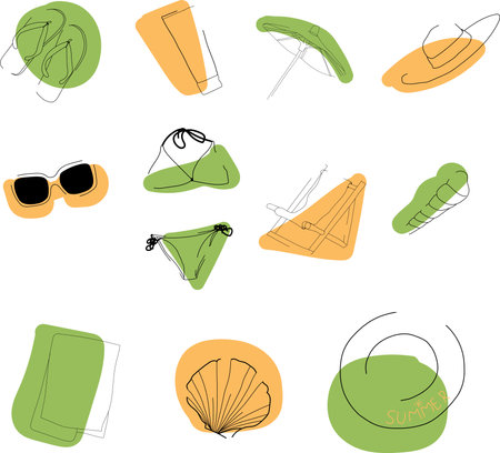Vector set of summer abstract icons. Contains towel, cruise flip-flop, sunglasses, hat, chair, snorkeling, swimsuit and more.のイラスト素材