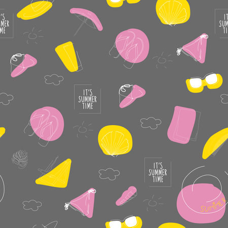 Beach seamless pattern. Swimwear, clothing and care. Vector summer gray background with colored spotsのイラスト素材