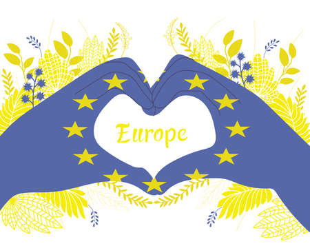 close-up of young woman's hands forming a heart pattern like the flag of the European Union and the...