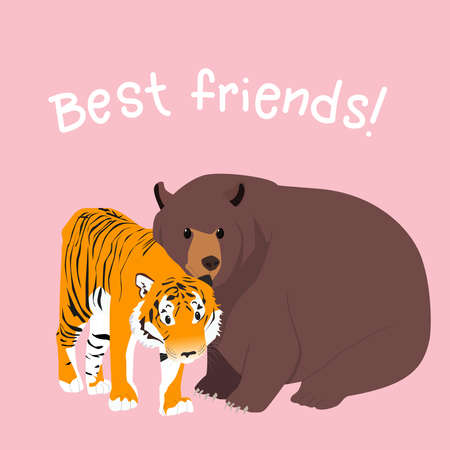 Best friends - tiger and bear. Greeting card. Vector illustration on pink background.のイラスト素材