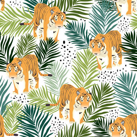 Vector seamless pattern with tigers and palm leaves on white background. Fashionable style.のイラスト素材