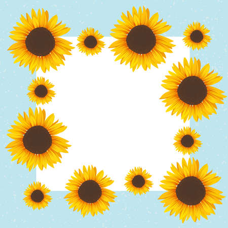 Frame border ornament square. Bright sunflowers on a blue background. Floral frame with place for text.のイラスト素材