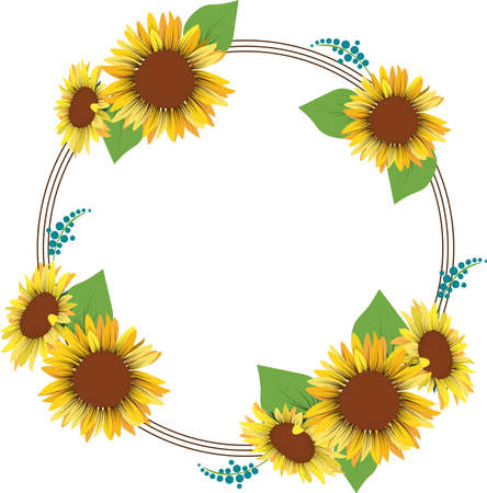 Colorful floral wreath with sunflowers, leaves and place for your text. Perfect for weddings, quotes, birthday, invitations, greeting cards, prints, etc.のイラスト素材