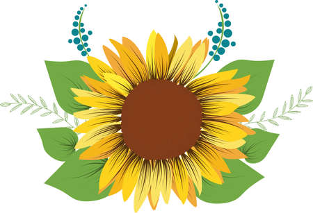 Decorative sunflower with yellow petals and brown middle and leaves, isolated on white background. Concept for postcard, poster, card, invitations and wedding stationery design.のイラスト素材