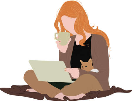 Young woman working on laptop and drinking tea. Study online with cat. Flat vector illustrationのイラスト素材