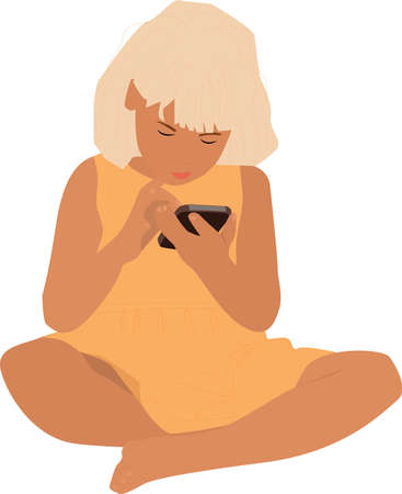 Little girl with smartphone sitting, gadget addiction concept flat vector illustration. Kid's dependence on a smartphone, gadget or the Internet. girl isolated on white background.のイラスト素材