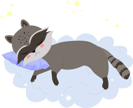 Cute baby raccoon sleeps on a cloud. Vector illustration for baby shower, greeting card, party invitation, fashion clothes, t-shirt print.のイラスト素材
