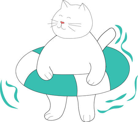White cat with lifebuoy isolated on a white background. Cute cartoon relaxing character. Flat design. Vectorのイラスト素材