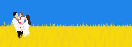 Family in embroidered shirts in wheat field. Banner for Ukraine Independence Day or Flag day. Vector illustration.のイラスト素材