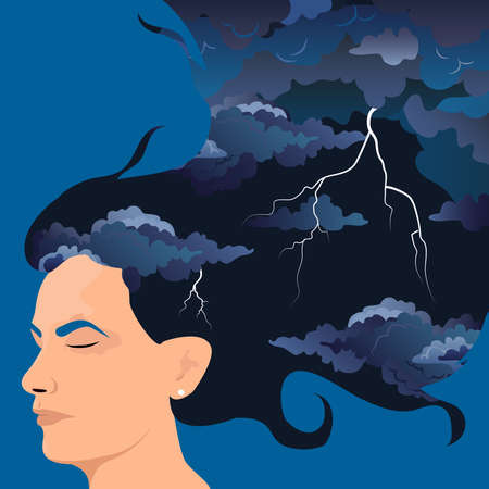 Mental disorder. Depression women with thunderstorm inside her head. Girl in stressful situation. Flat vector.のイラスト素材
