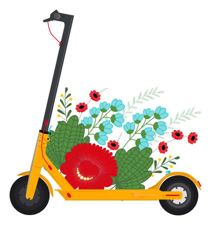 Scooter with flowers. Electric scooter transportation you can rent for a quick ride.のイラスト素材