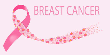 Breast Cancer Awareness ribbon with flowers. Abstract vector illustration.のイラスト素材