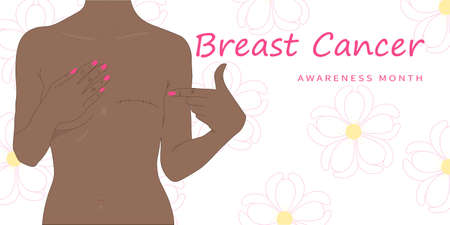 Closeup of african american woman with pink badge ribbon on scarm to support breast cancer cause. Breast cancer awareness banner.のイラスト素材