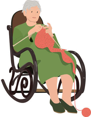 Elderly knitting concept. Senior old woman grandmother sitting and knitting scarf. Pastime, leisure, grandparentsのイラスト素材