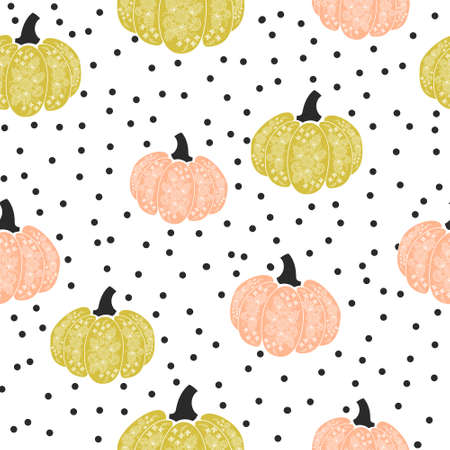 Seamless pattern of colorful pumpkins with dotes. Flat style. Vector illustration.のイラスト素材