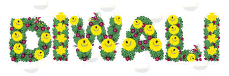 Floral text "Diwali" on the background with Oil Lamps. Website Header or Banner Design, poster. Happy Diwali Celebration.のイラスト素材