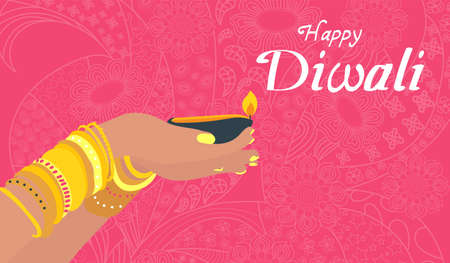 Diwali festival holiday banner. Hands hold traditional Dipa on a pink background. Vector illustration.のイラスト素材