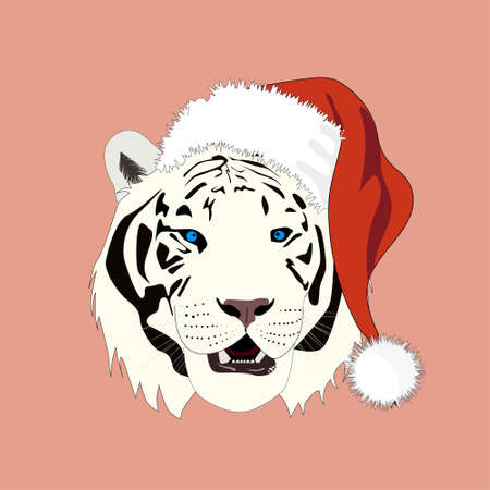 Merry Christmas and New year card. Tiger in the red Santa's cap. T-shirt composition, print. Vector illustration.のイラスト素材
