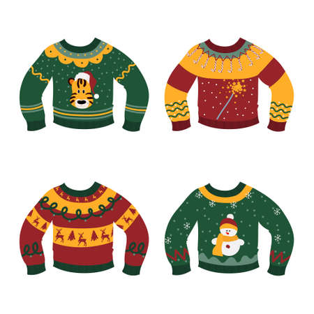 Hand drawn ugly sweater set. Christmas sweaters with cute ornaments illustration on white backgroundのイラスト素材