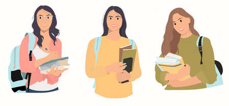 Set of young women portrait in cartoon style. Education conceptのイラスト素材