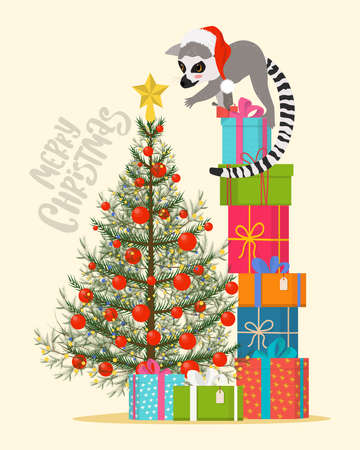 A cute lemur reaches for a star on a Christmas tree. Christmas card with animal. Vector illustrationのイラスト素材