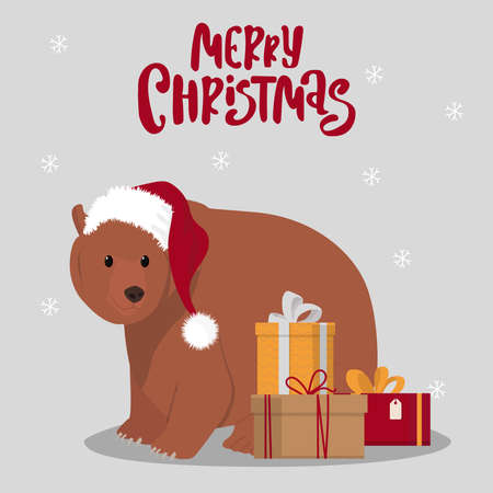 Christmas greeting card. Cartoon bear with gifts. Vector illustrationのイラスト素材
