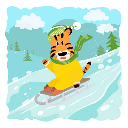 Cute tiger sledding. Wintertime. Vector childish illustrationのイラスト素材