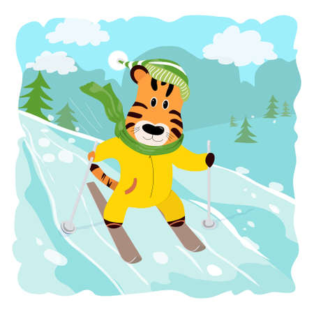 Cute tiger skiing. Vector illustration of sports animal in winter. Cartoon styleのイラスト素材