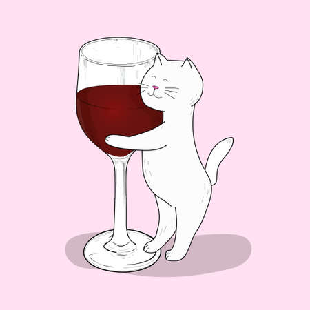 Funny typography poster, apparel print design with domestic animal and glass of wine. Light pink background.のイラスト素材
