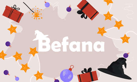Hand drawn flat befana background, banner, postcard.のイラスト素材
