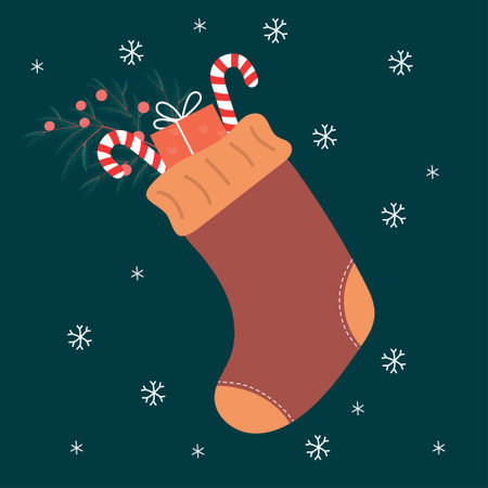 Christmas sock with gift. Winter holidays greeting card. christmas and new year theme vector illustration.のイラスト素材