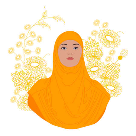Muslim lady with flowers. Portrait of young woman in hijab. Vector illustrationのイラスト素材