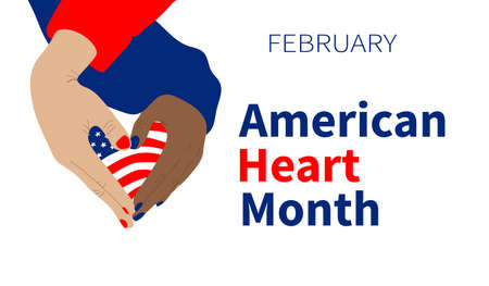 Ameriican heart month banner. Hands making heart shape with USA flag.のイラスト素材