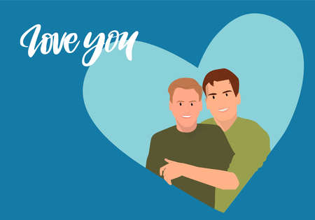 Valentine's day gay couple. Happy homosexual couple are hugging. Vector illustrationのイラスト素材